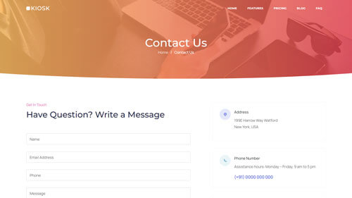 Kiosk Contact Page – Angular One-Page Template for Apps and SaaS