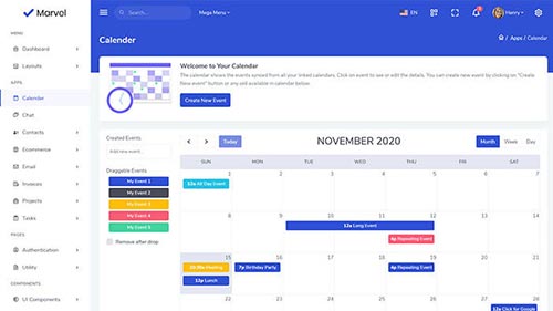Marvel Angular Admin Dashboard – Calendar Dashboard UI for Scheduling and Events Management