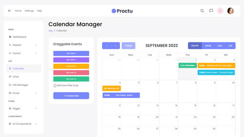 Integrated calendar for patient appointments and events in Proctu React Admin Panel for healthcare